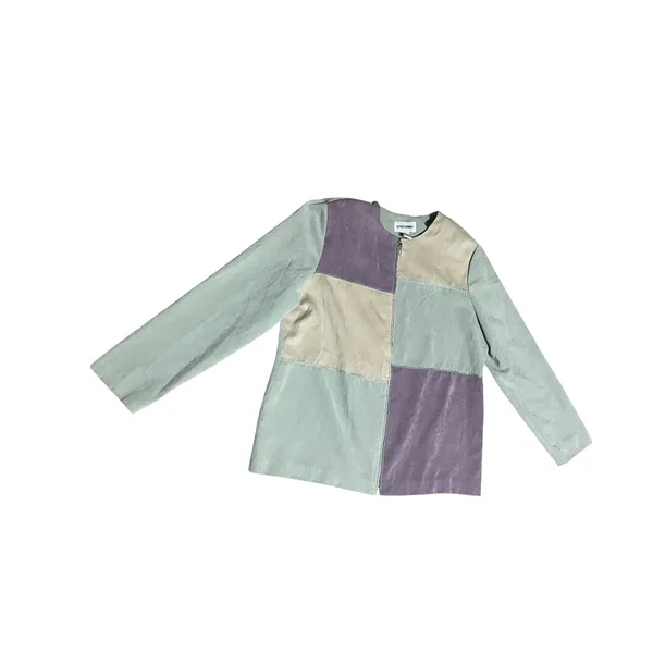 Alfred Dunner Womens Colorblock Patchwork Pant Suit Set Sage Purple Tan 12/10 - Image 2