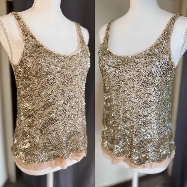 Wren 100% Silk Sequin‎ Embroidered Tank Top Champagne XS Made USA - Image 8