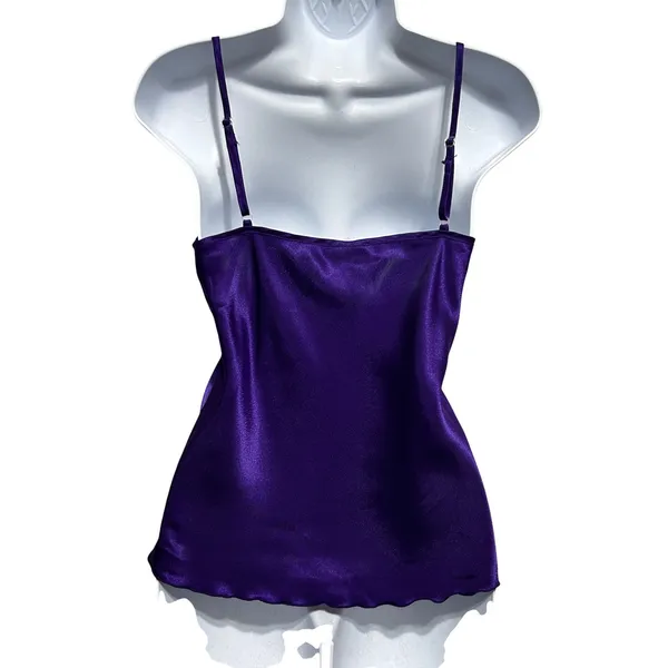 Purple Satin Babydoll Cami Top L Y2K Ruffle Trim Empire‎ Waist Romantic Coquette - Image 2