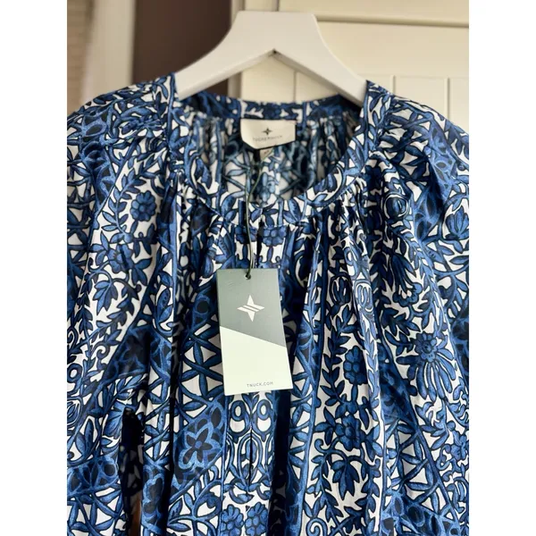 Tuckernuck NWT Womens XS Blue White Floral Cotton Tiered Maxi Dress Pockets - Image 6