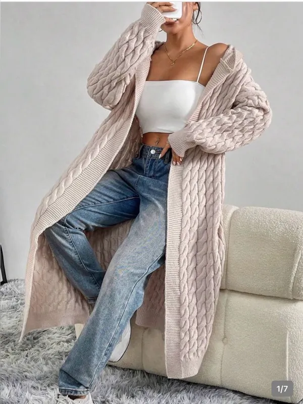 Source Unknown Long Cable-Knit Cardigan - Cream/ Oversized - Image 3