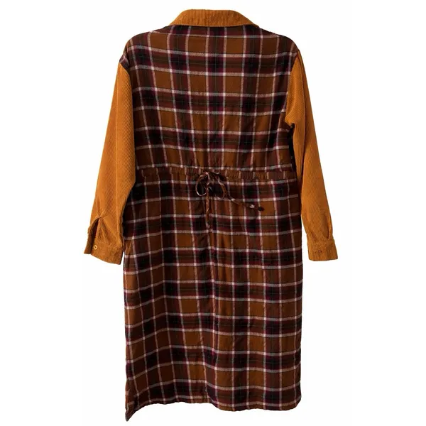 Easel Los Angeles Shirt Dress‎ Coffee Plaid Flannel Corduroy Sleeves Size Small - Image 3