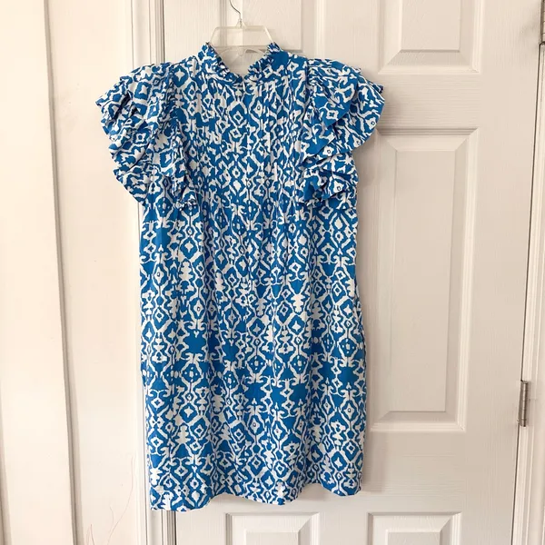 Tuckernuck Hyacinth House Blue White Simmons Ruffle Sleeve High Neck Mini Dress - Image 8