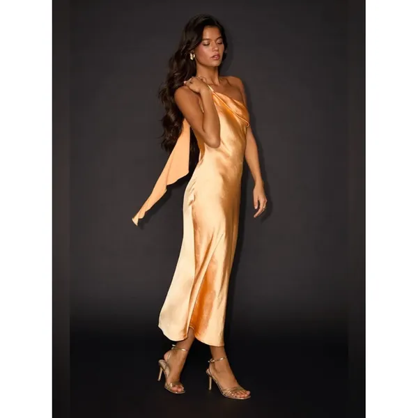 Lulus Naima Light Orange Satin One-Shoulder Midi Dress Size Small Cocktail Sexy - Image 3