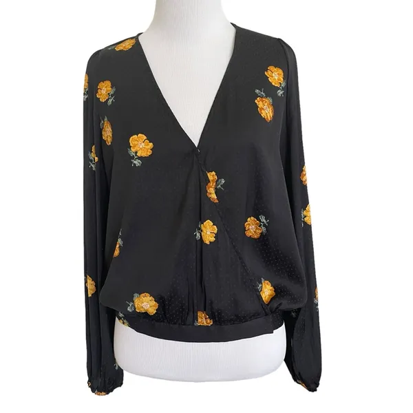 Madewell Bubble-Sleeve Black Wrap Top with Yellow Gold Floating Florets S - Image 4