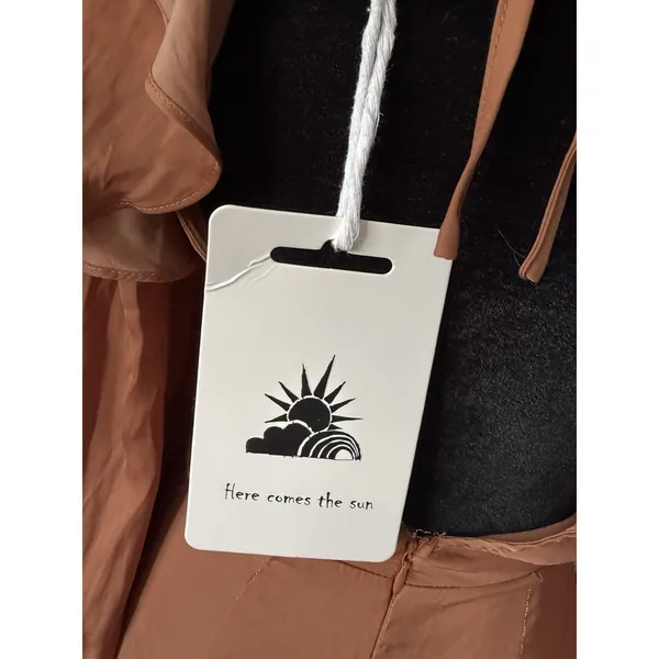 Here Comes The Sun Satin Wrap Mini Dress Tan Open Back Ruffle Long Sleeve XS NWT - Image 5