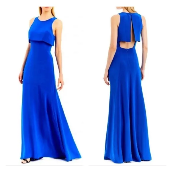 Nicole Miller Royal Blue Satin Sleeveless Flounce Formal Gown Size 8 - Image 2