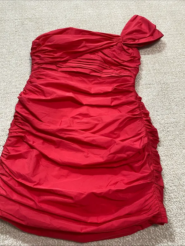 Zara Bright Red One-Shoulder Ruched Mini Dress Size S - Image 17