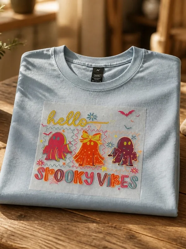 Gildan Halloween Spooky Vibes Baby Blue 100% Heavy Duty Cotton T Shirt XL - Image 3