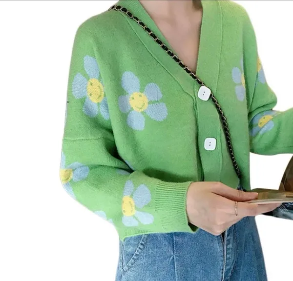 Cropped Smile Flower Vneck Cardigan Sweater Green Blue Yellow Relax Fit M - Image 2
