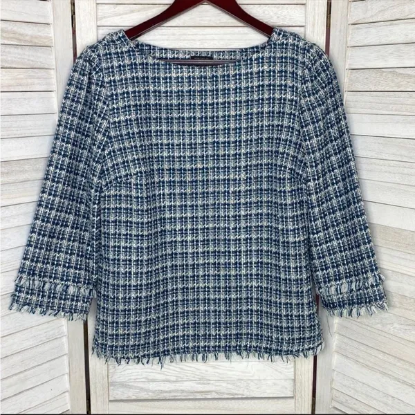 Ann Taylor Tweed Fringe Trim Boatneck Top Shirt‎ Blue White 8 Preppy Nautical - Image 7