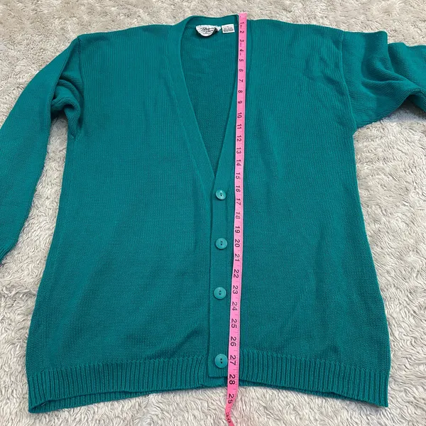 Vintage 90s Nordstrom 100% Cotton Knit Teal Button Up Vneck Cardigan Drop Sleeve - Image 6