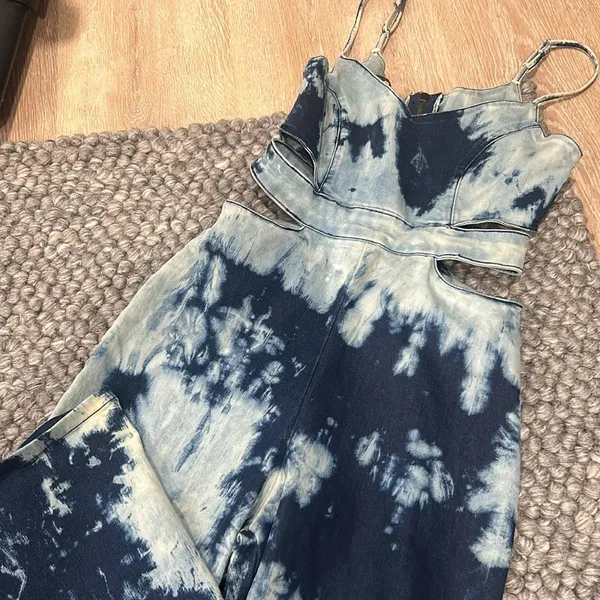 ^F GH^N‎ Tie Dye Denim Flare Jumpsuit Size P - Image 3