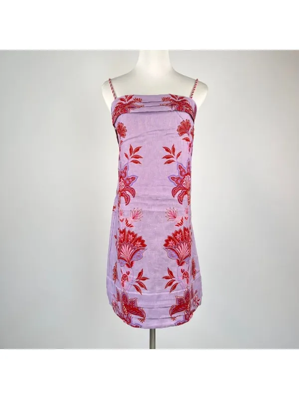 NWOT Linen Floral Tie Spaghetti Strap Pleated Layered Mini Dress Purple Size L - Image 2
