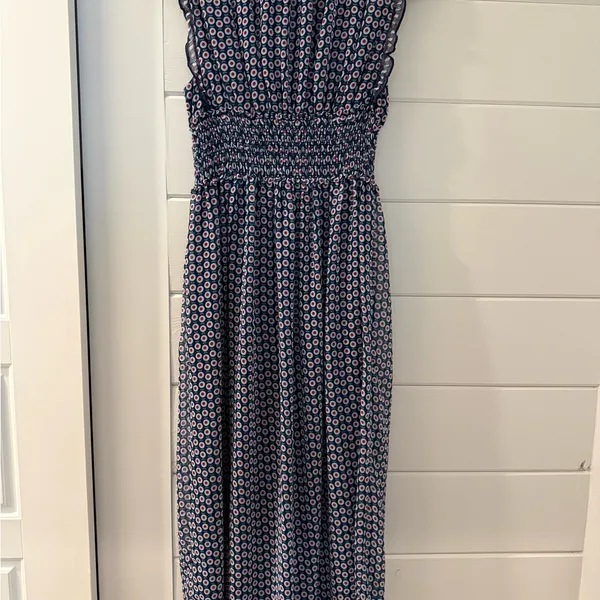Max Studio Navy Printed V-Neck Smocked Maxi Dress NWT - Image 7
