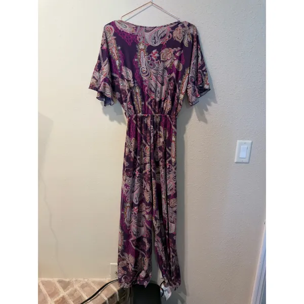 Pia Colors Womens Jumpsuit S Purple Paisley V-Neck Flutter Sleeve Wide Leg - Image 3