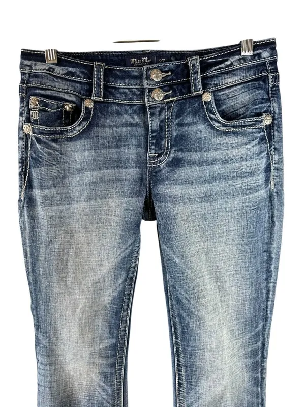 Miss Me Low Rise Boot Embroidered Back Pocket Blingy Jeans Size 27 Medium Wash - Image 2