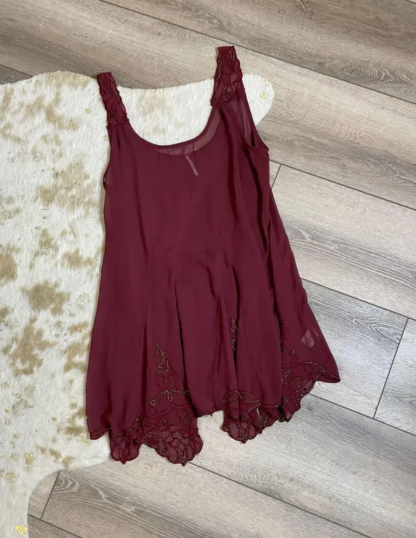 Free People Beaded Maroon Chiffon Sheer Tunic Dress - Image 2