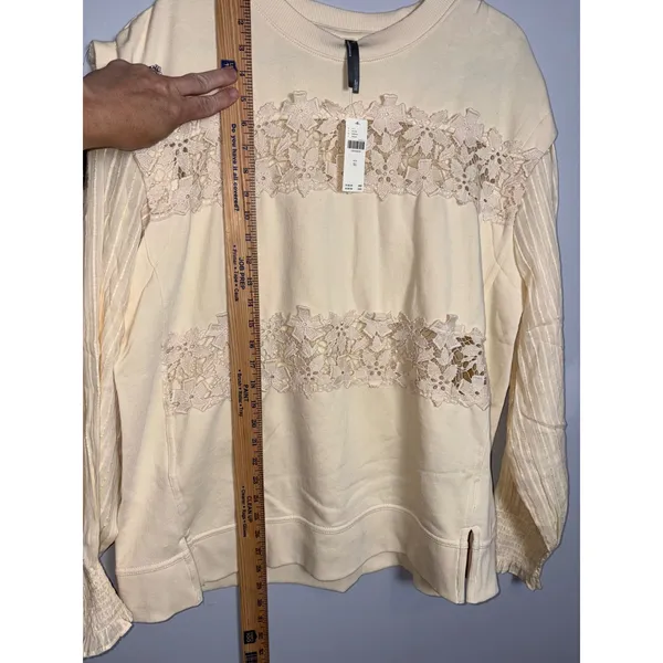 Anthropologie Floral Cutwork Pullover Cream Lace Panel Mixed Media Sweatshirt - Image 7