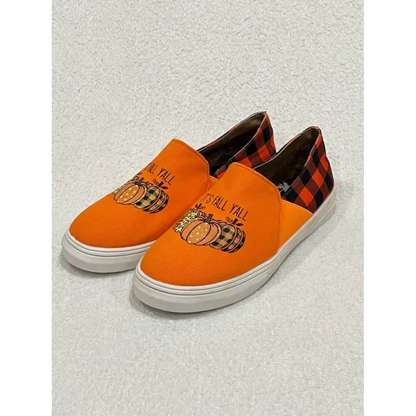 Orange Pumpkin “It’s Fall Y’all” Buffalo Plaid Canvas Slip On Sneakers Size 9.5 - Image 9