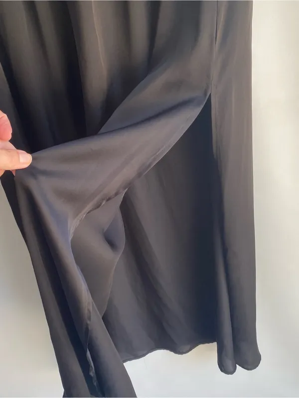Lily White black silky satin long maxi skirt high side slits summer chic Large - Image 2
