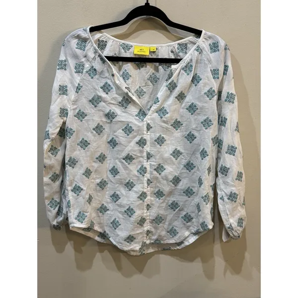 Roller Rabbit Embroidered Floral Peasant Blouse‎ Top V Neck Size XS White Teal - Image 2