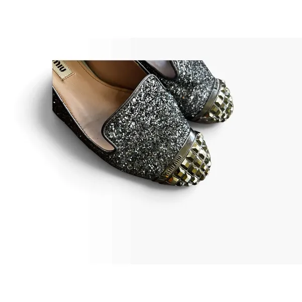 Miu Miu Silver Glitter Studded Toe Cap Smoking Slipper Loafers EU 37 US 7 5S8518 - Image 7
