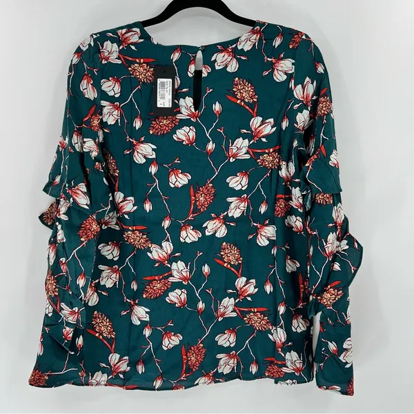 Miss Me Womens Small Teal Floral Ruffle Sleeve Blouse NWT Boho Keyhole - Image 5