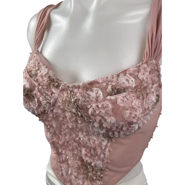 Womens Pink Floral Lace Ruffle Sleeveless Crop Cami Camisole Corset Tank Top S/M - Image 3