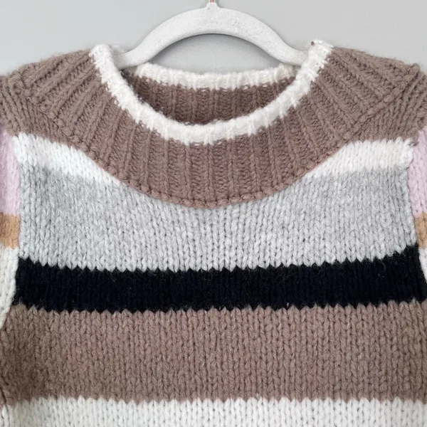 Free People Foxy Stripe Wool Blend Cropped Puff Sleeve Sweater Cream Brown XS - Image 4