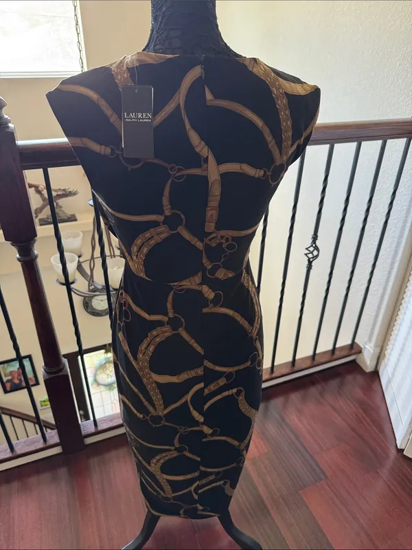 Lauren Ralph Lauren Black Midi Dress with Gold Chain Print - Image 4