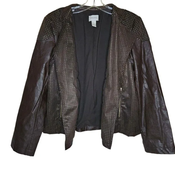 Chico's Chocolate Brown Open Front Faux Leather Lined Jacket Gold Studded Size 1 - Image 6