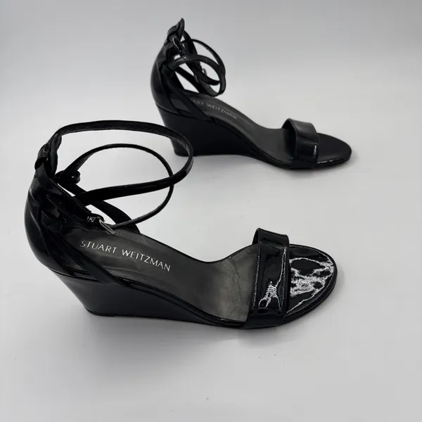 Stuart Weitzman Nearly Nude Ankle Strap Sandals Patent Black Size 8M - Image 2