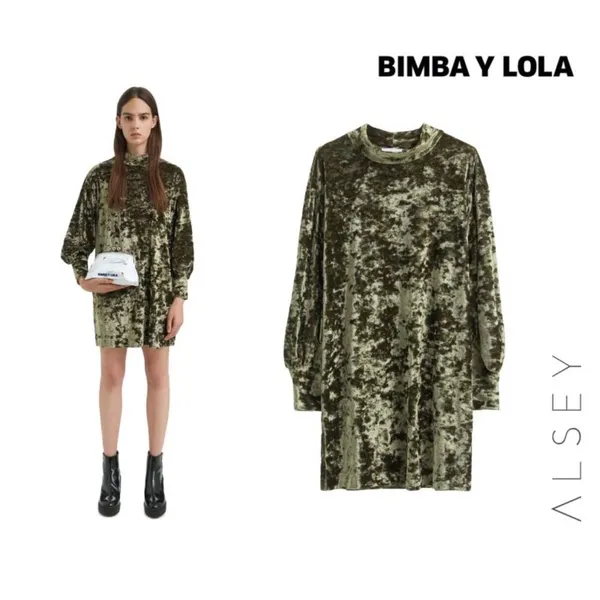 Bimba y Lola Velvet Dress Womens M Olive Green Whimsigoth Mock Neck Button‎ Cuff - Image 2