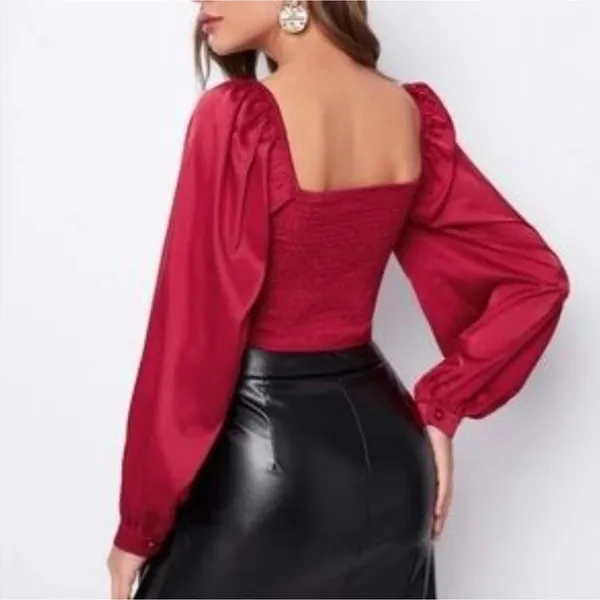 Womens Satiny Wrap Bodysuit Top Sz XS Red Puff Sleeve Smocked Romantic Holiday - Image 5