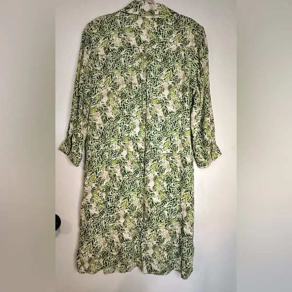 CAbi Faux Wrap Dress Green Tan Hawaiian Tropical Floral Leaf Boho Indie Sz Small - Image 10