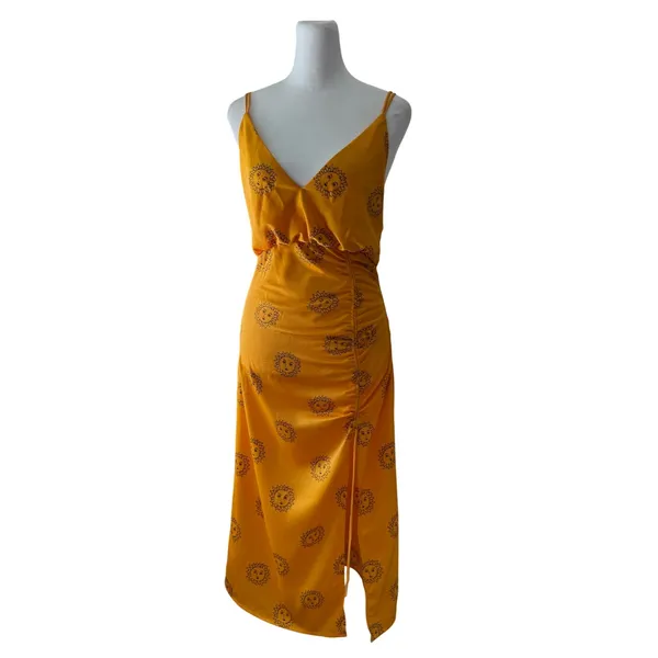 Urban Outfitters Golden Sun Print Deep V-Neck Sleeveless Ruched Slip Midi Dress - Image 4