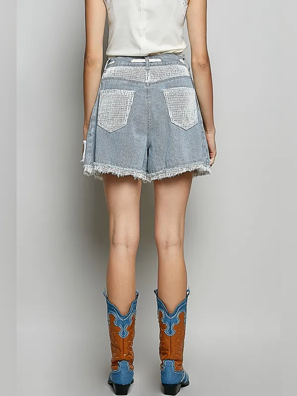 POL Light Blue Denim Jean Shorts with White Trim Lg - Image 4