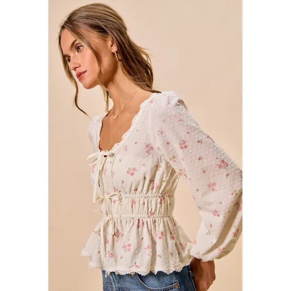 SO ME Floral Clip Dot Lace Trim Ruched Bodice Blouse - White - Medium - Image 13
