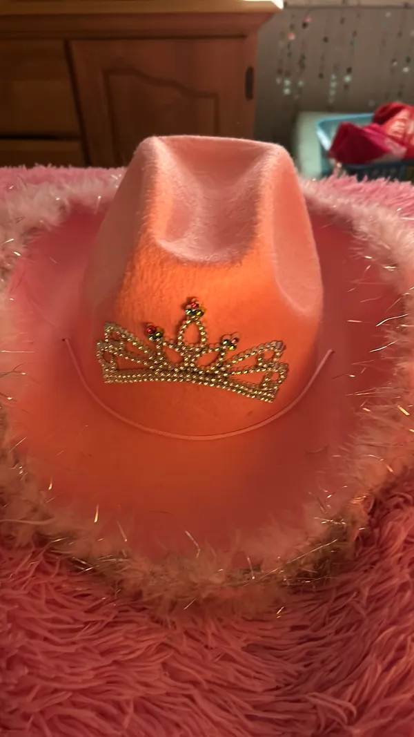 Handmade Fluffy Pink Crown Cowboy Hat - Image 2
