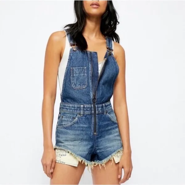 Free People Sunkissed Denim Short Overalls Zip‎ Front Jean Shortalls NEW Size 25 - Image 9