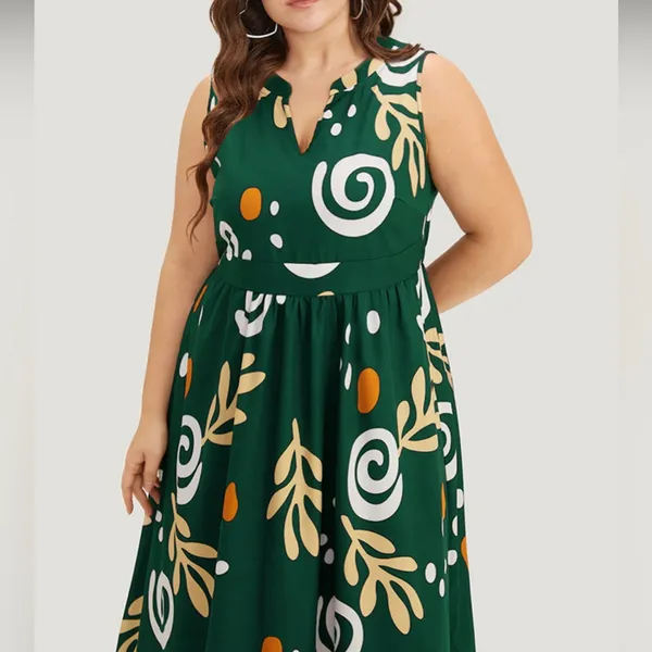 Scroll Graphic Print Notched Pocket Sleeveless Dress-Green-Large/Size 12 - Image 5