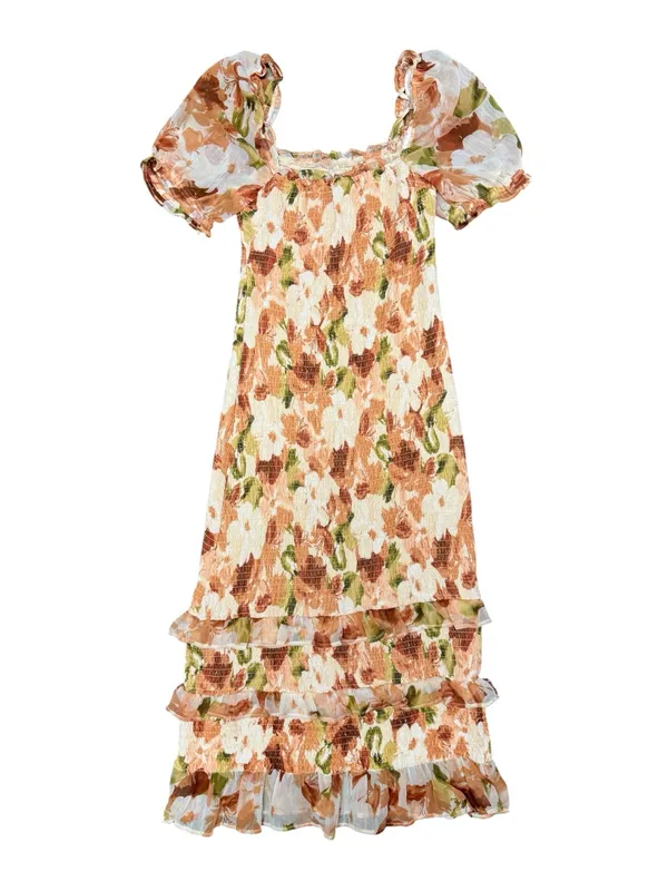 Abercrombie & Fitch Smocked Short Sleeve Floral Ruffle Midi Dress Orange Small - Image 4
