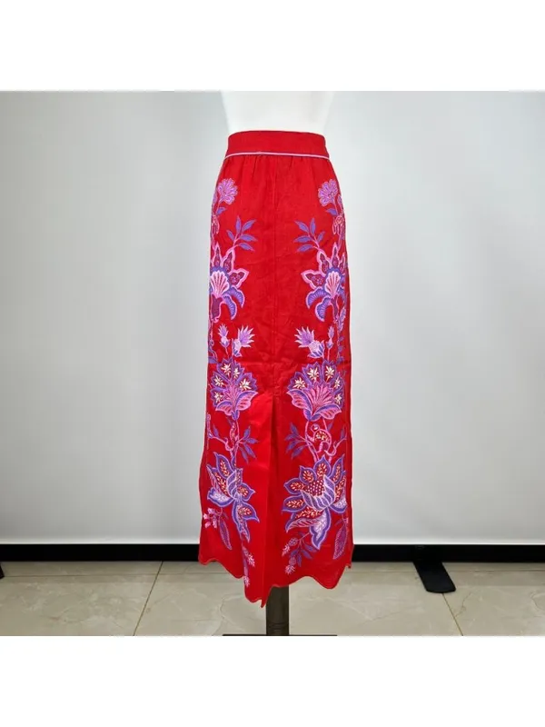 NWOT Farm Rio Red Porcelain Garden Scalloped Linen Midi Skirt Size XS - Image 6