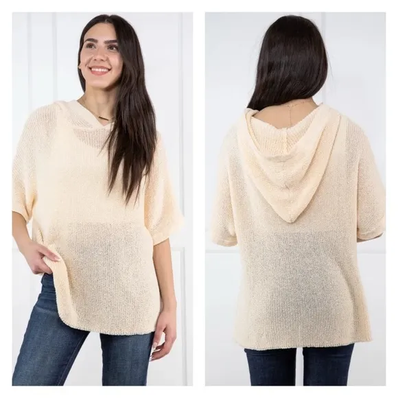 Driftwood Daydreams Hooded Short Sleeve‎ Dolman Oversized Open Knit Sweater L - Image 2
