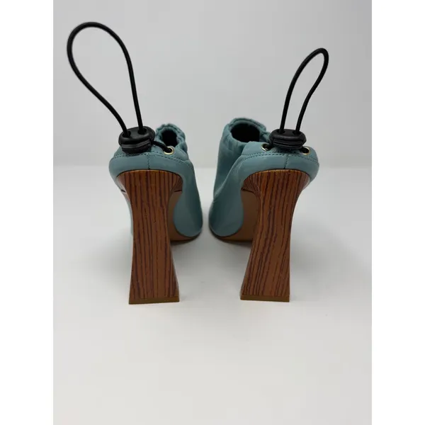 YEVRAH Light Blue Leather Ruched Toggle Pointed Toe Wood Block Heels Size 38 - Image 3