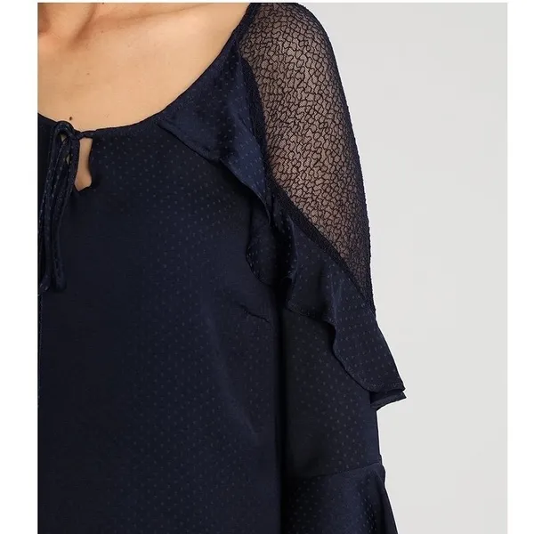 Evans Navy Blue Polka Dot Ruffle Lace Shoulder‎ Shift Dress Size 16 Bell Sleeve - Image 2