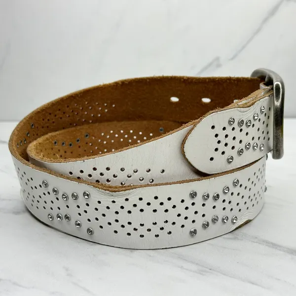 White Rhinestone Genuine Leather Belt Womens Size Large (L) ✨ - Image 4