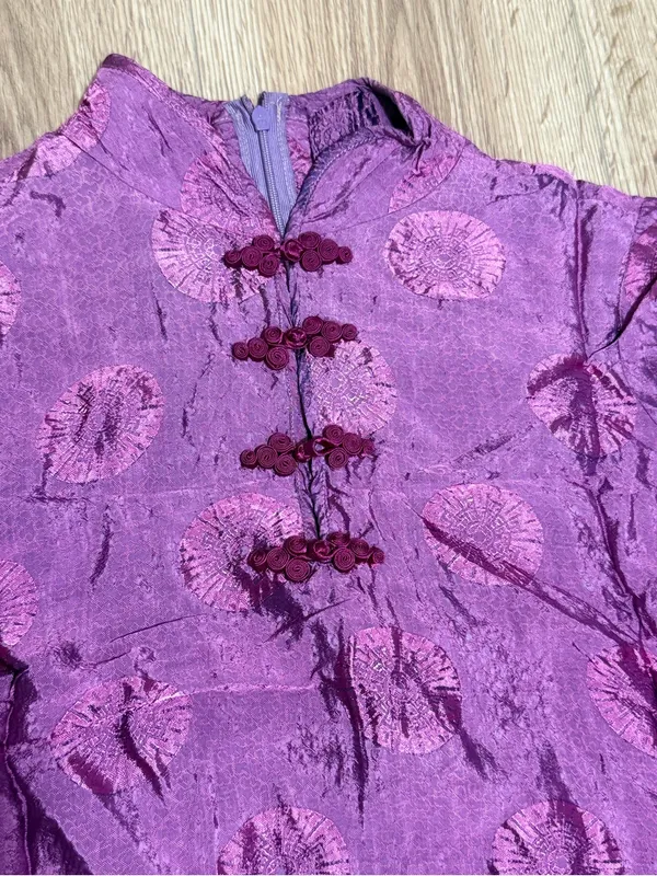 Vintage Cheongsam Qipao Maxi Dress Purple Floral Medallion Frog Button M - Image 3