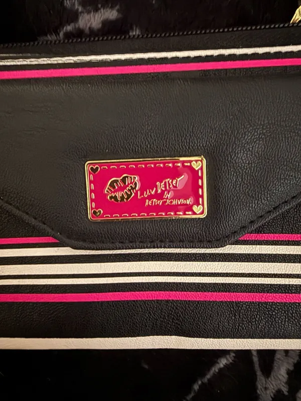 Betsey Johnson Black, White & Pink Striped Crossbody Wallet - Image 3